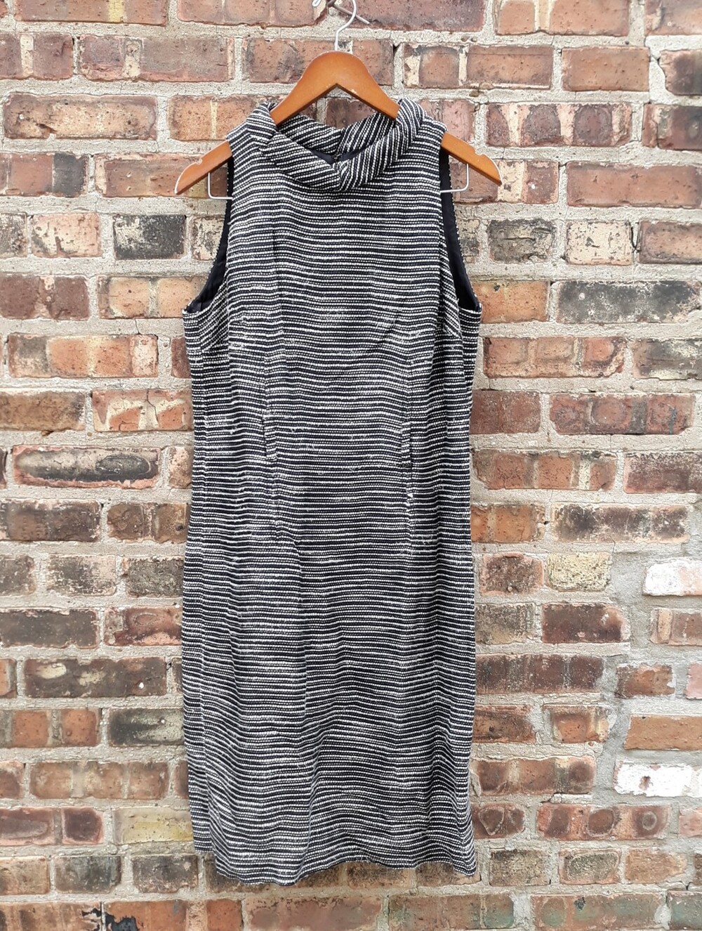 Etcetera Tweed Shift Dress 12 Black White Stripe Funnel Neck Sleeveless